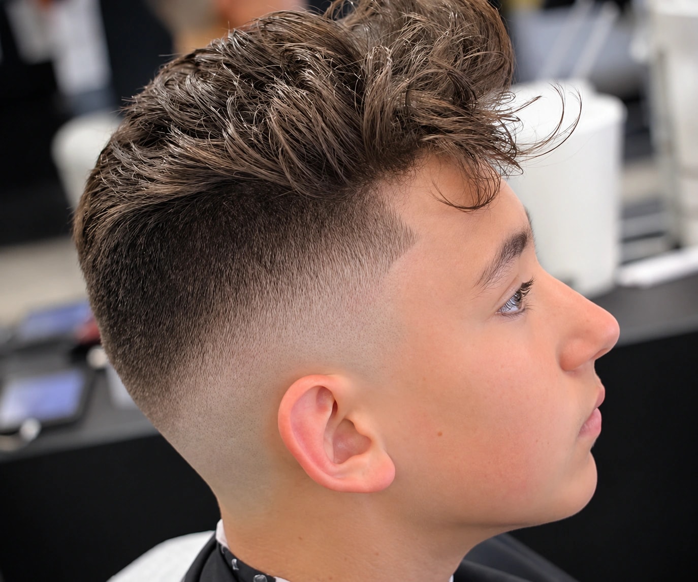 Young client with a fade and textured hair on top