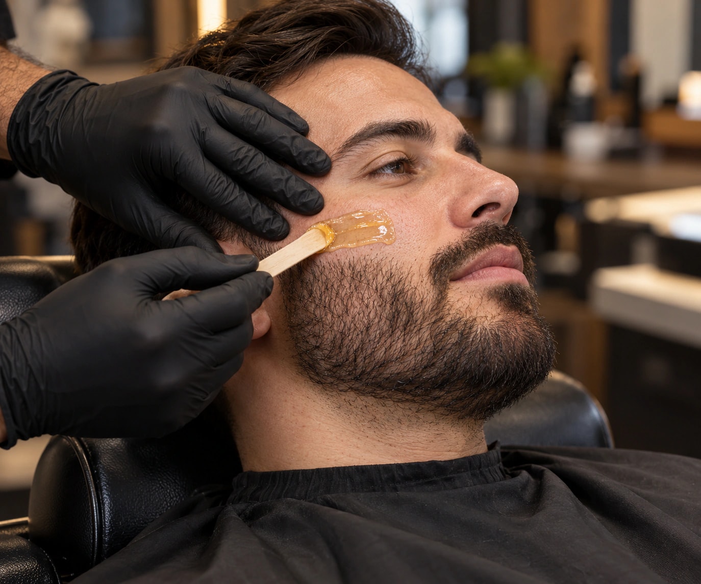 Wax being applied to a man’s cheek above the beard line