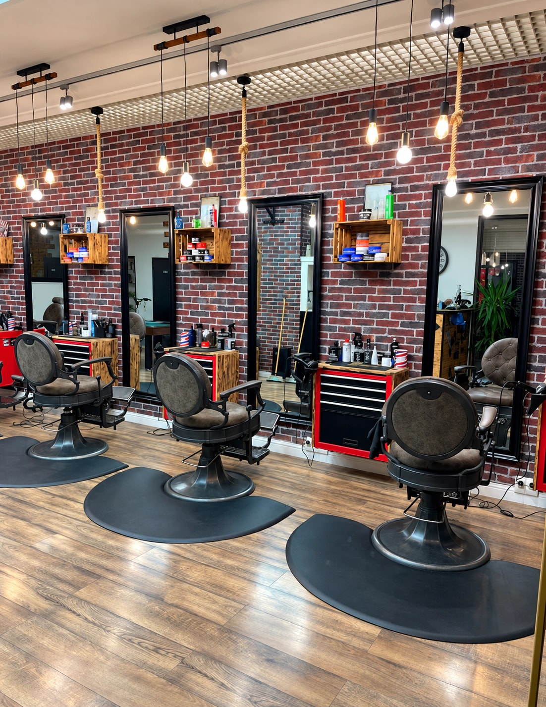Inside Barbier RoyalMK: red brick wall, three barber chairs and black-framed mirrors.