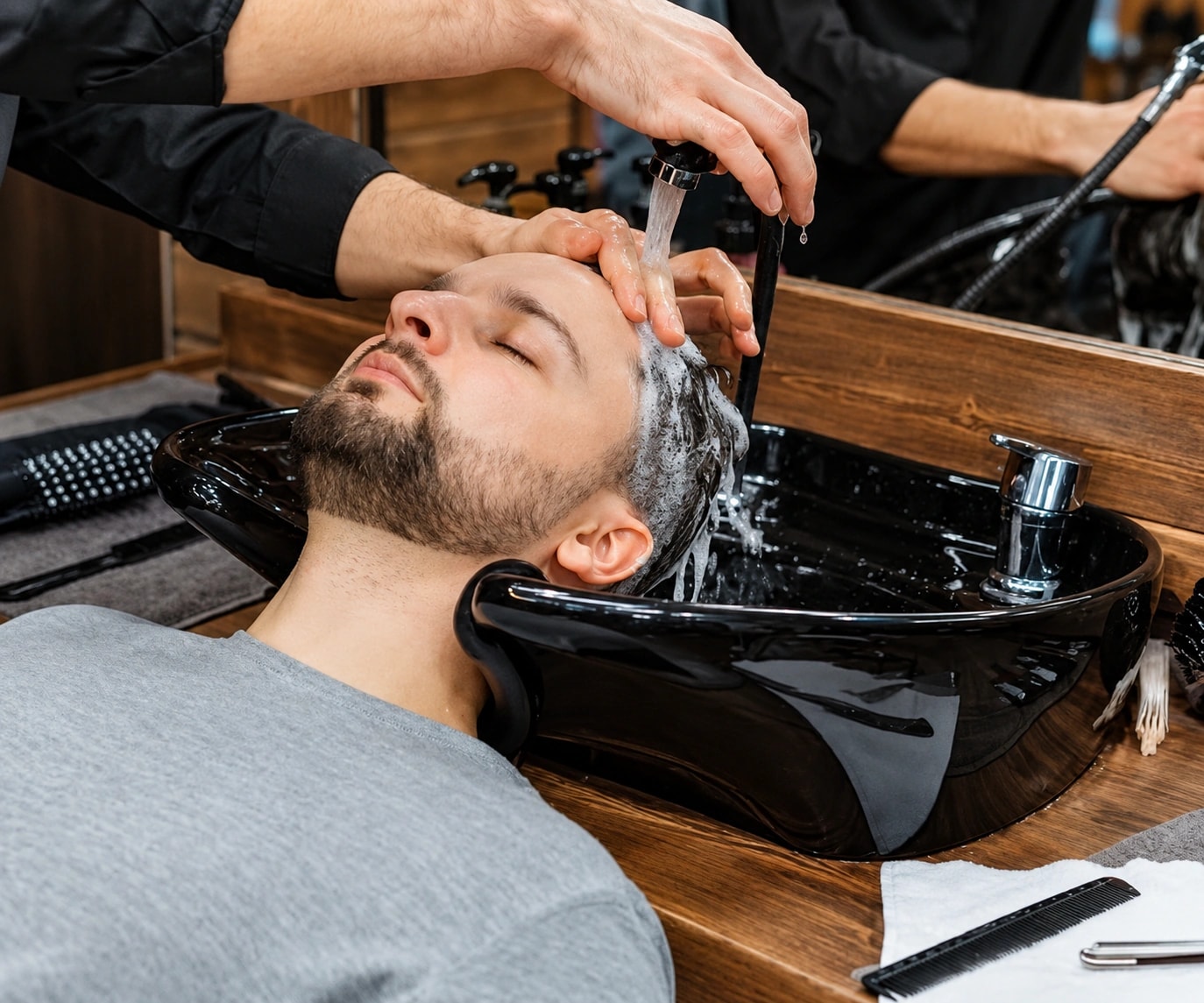 Hair being washed at a salon basin